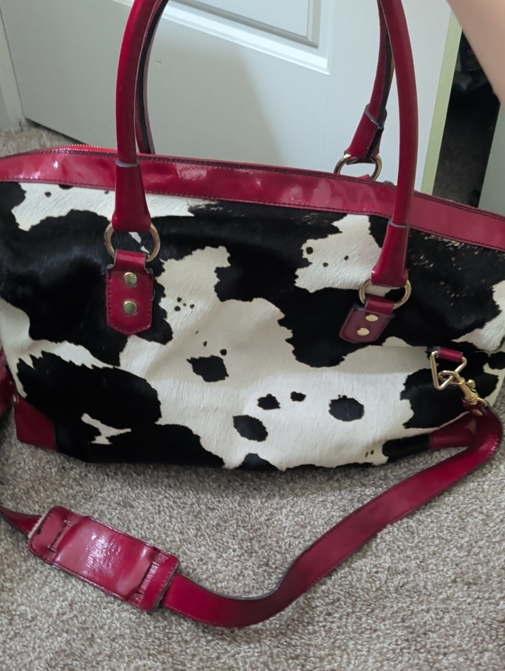 Black & White Cowhide Tote with Red Trim